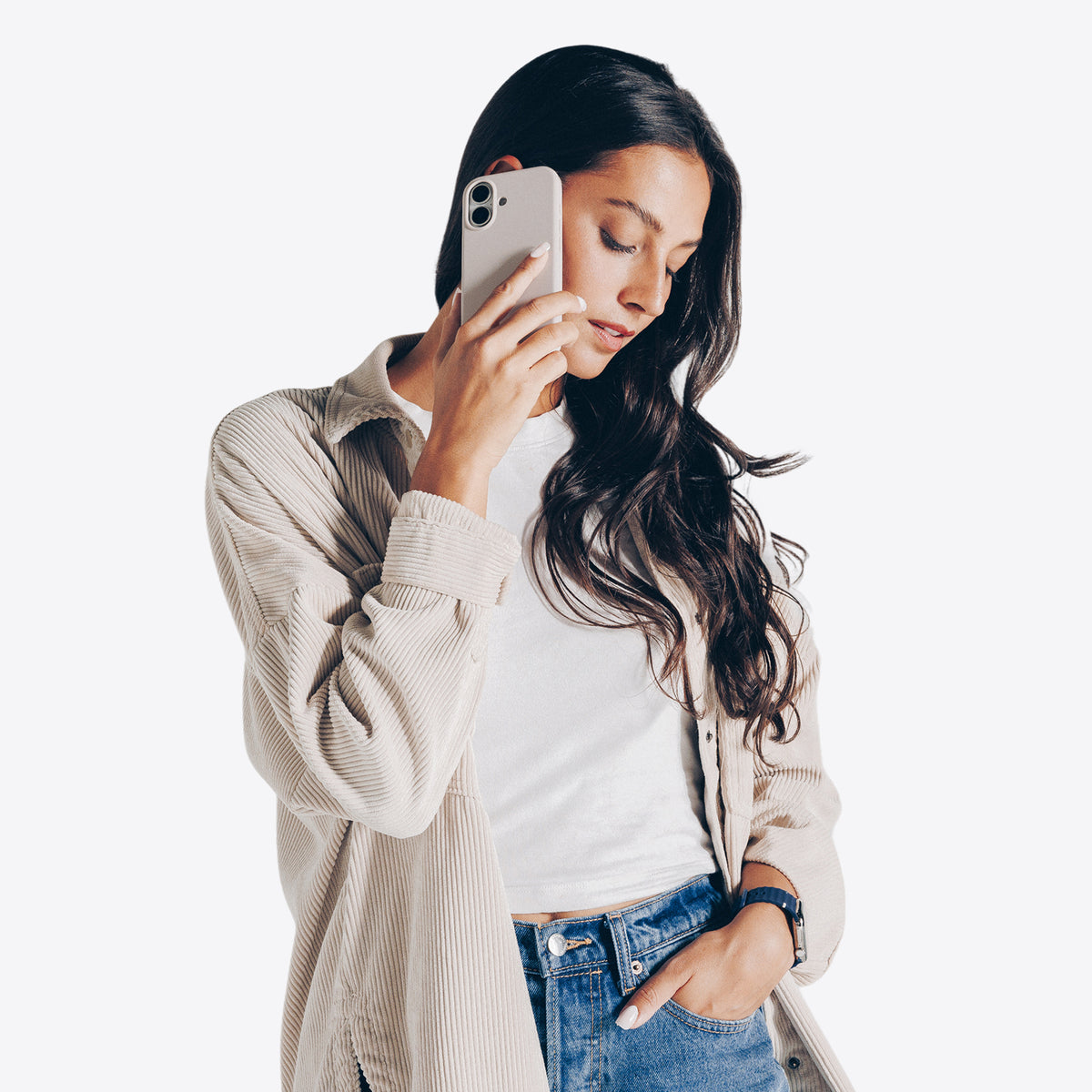 Woman using a smartphone on a white background