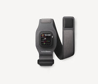 A dark gray smartwatch band with a built-in watch face and a matching adjustable strap accessory, shown on a clean off-white background. The band has the brand name 'ActionSleeve' printed near the bottom.